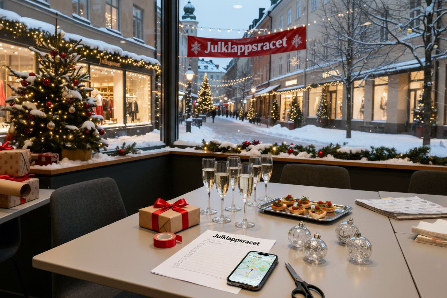 Julklappsracet med juldekorerad stadsmiljö, gåvor och planeringsmaterial