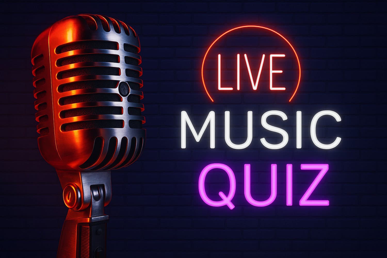 Retrofon och neonskylt med texten Live Music Quiz